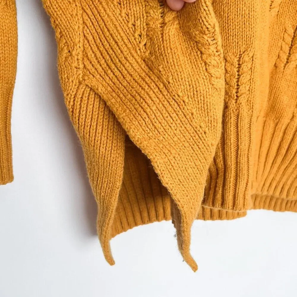 Lucky Brand Drop Shoulder Tunic Sweater V Neck Braided Stitch Size Small Mustard